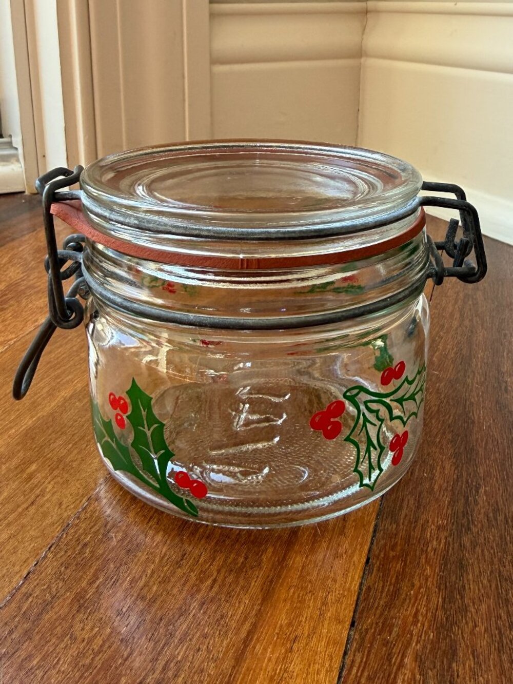 Vintage Glass Hinged Holly / Berries Christmas 1/4 liter Glass Jar